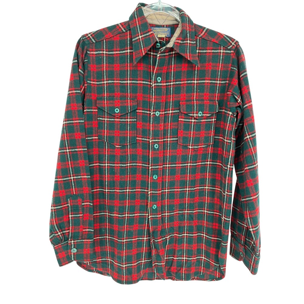 Vtg PENDLETON Virgin Wool Flannel Shirt Women 14 Red Green Plaid Long Sleeve USA